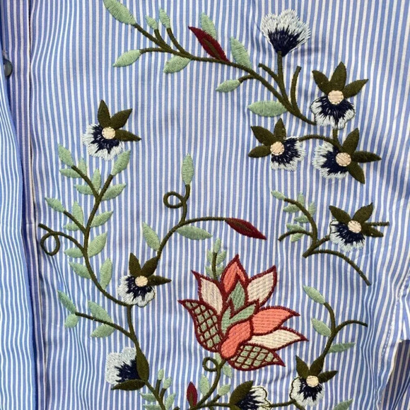 Zara Embroidered Floral Striped Blue and White Women's Button Dress Shirt Size M - Picture 3 of 16